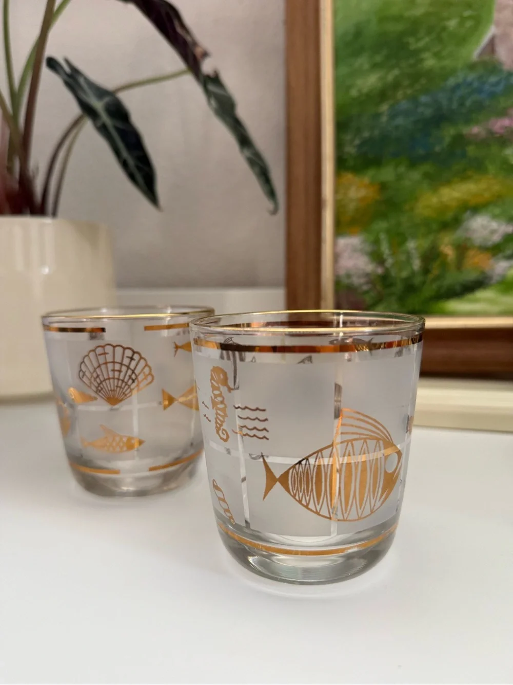 Vintage Libbey Gold Fish and Seashell Glass Tumblers